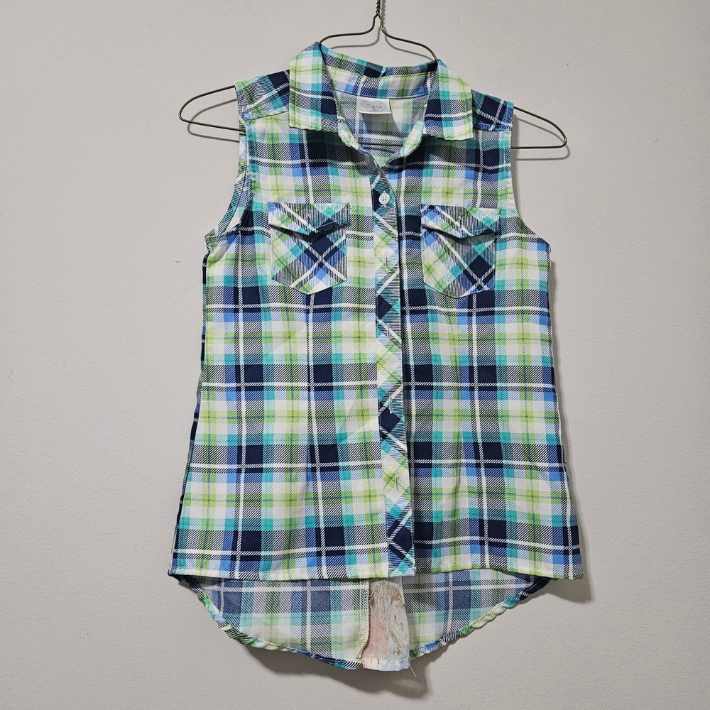 Y2K Pony‎ Tails Jrs Sleeveless Plaid Button Down Shirt Blue Floral Lace Back